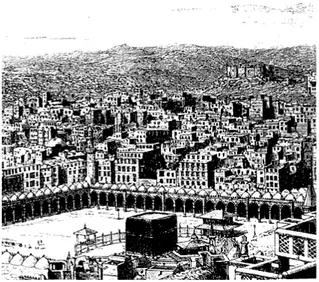 Figure 4: dessin de Tomaszkiewicz réalisé en 1886, représentant la Ka’ba au centre de la grande  Mosquée de La Mecque