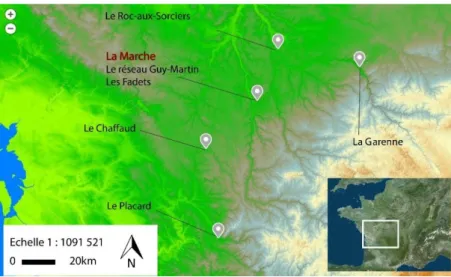 Figure  3:  Carte  des  sites  à  représentations  humaines  (Fuentes,  2003)  dans  la  région  centre-ouest  de  la  France  (Carte  Geoportail, DAO M.Calligaro)
