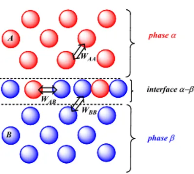 Figure I-8 : Interactions entre molécules A et B à l’interface entre deux phases condensées