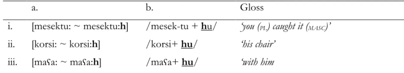 Table 1.12 Every long vowel in a final open syllable is followed by a latent /hu/ morpheme 