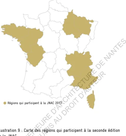 Illustration 9 : Carte des régions qui participent à la seconde édition  de la JNAC  ECOLE  NATIONALE  SUPERIEURE  D'ARCHITECTURE  DE  NANTES DOCUMENT SOUMIS AU DROIT D'AUTEUR