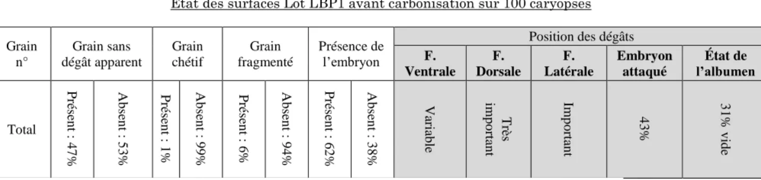 Tableau 2 Exemple de critères pris en compte pour le lot de caryopses de blés parasités avant carbonisation 