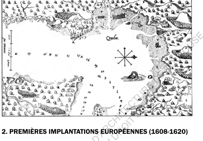 Illustration : Carte de Québec réalisé en 1608 par Samuel de Champlain et illustrant la géographie de Québec aux  débuts de la colonie