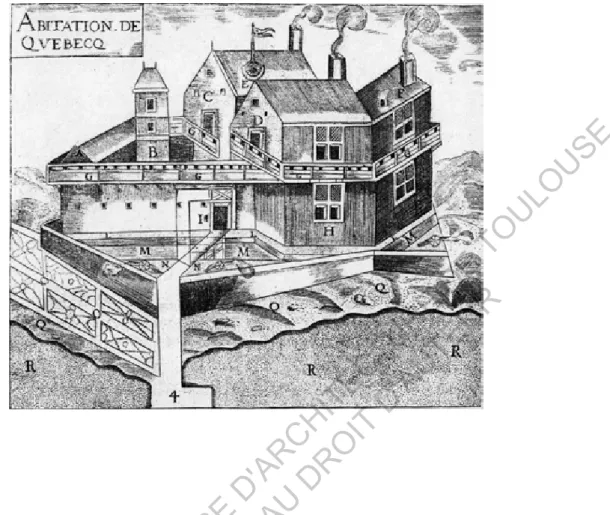 Illustration : Habitation de Québec, 1608, perspective cavalière de Samuel de Champlain