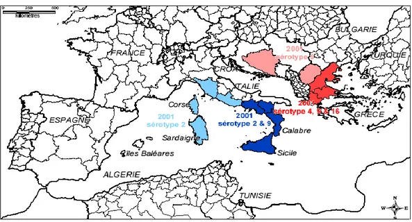 Figure 7. Situation de fièvre catarrhale du mouton (sérotypes 2, 4, 9, 16) dans le bassin  méditerranéen en 2001