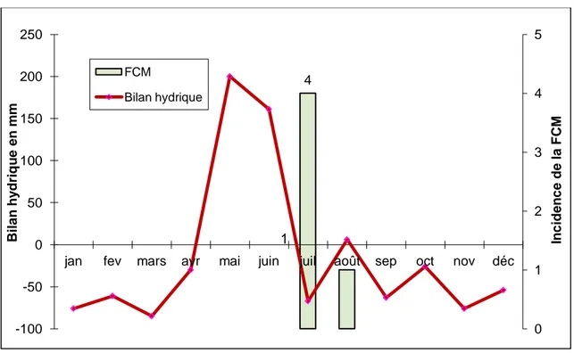 Figure 32. Bilan hydrique mensuel et incidence la FCM à Souk-Ahras durant l‟année 2000