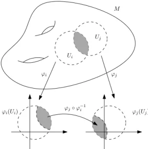 Figure 1.1: Une vari´et´e diff´erentielle M de dimension 2, munie de deux cartes (U i , ϕ i ) et (U j , ϕ j ) , et de