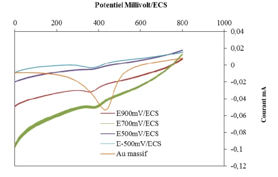 Figure V.13 : Polarisation cathodique de l’oxyde de Au dans  une solution H 2 SO 4  0.5M,V b =100mV.s -1 