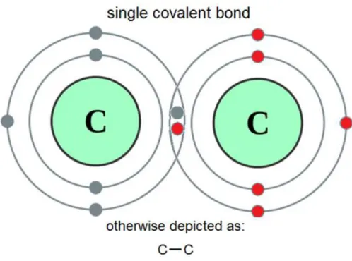 Figure 10 Description schématique d'une liaison simple covalente entre deux atomes de carbone partageant un électron de  leur couche externe respective (image provenant de  https://antisensescienceblog.wordpress.com )