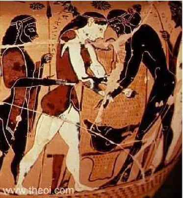 Illustration 6.  Atalante luttant contre Pélée. VI e  siècle av. J.-C. Vase chalcidien à figures noires