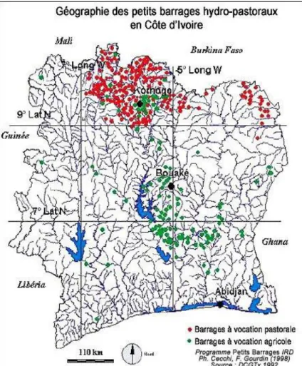 Figure 9 : de nombreux barrages à vocation pastorale situés à l'Est de Ferké 