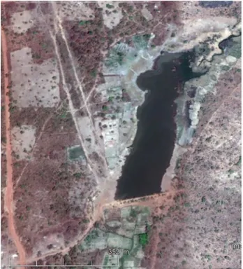 Figure 13 : Image Satelite du barrage à caractère pastoral de Naniévogo,  entouré par des champs ( 2017)   