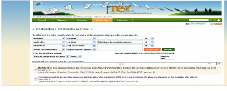 Tableau n°5.  Résultats d’une requête dans la base de données Thèses-en-ligne (TEL) 