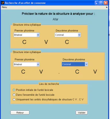 Figure 10 : Interface Matlab pour une recherche avancée d’un effet de consonnes.