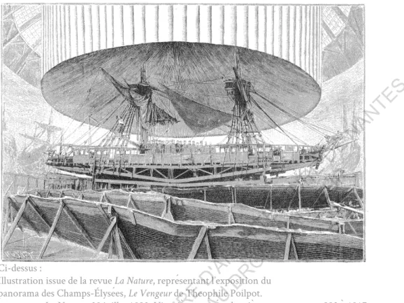 Illustration issue de la revue La Nature, représentant l’exposition du  panorama des Champs-Élysées, Le Vengeur de Theophile Poilpot.