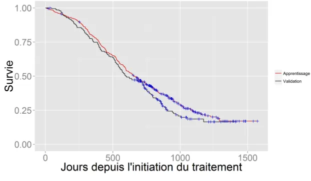 Figure 1.3 – Courbes de Kaplan-Meier chez les 400 patients du jeu de données d’apprentissage et chez les 196 patients du jeu de données de validation