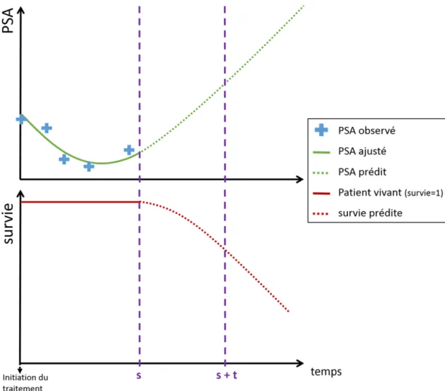 Figure 1.4 – Principe de la prédiction individuelle dynamique de l’évolution du biomarqueur et de la survie