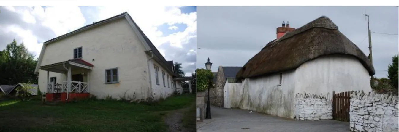 Figure 9 : Maison construite en argile et recouverte de plâtre crayeux, Finlande/Maison en bauge recouvert d’un enduit  ciment, Irlande (Source : Terra Incognita) 