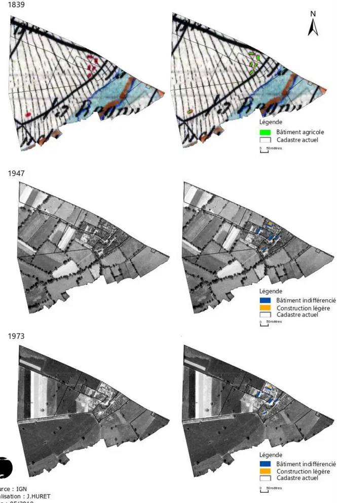 Figure 19 : Évolution d'une exploitation agricole, La Faverie à Saint-Loup, de 1839 à 1973 (Auteur : J.Huret) 