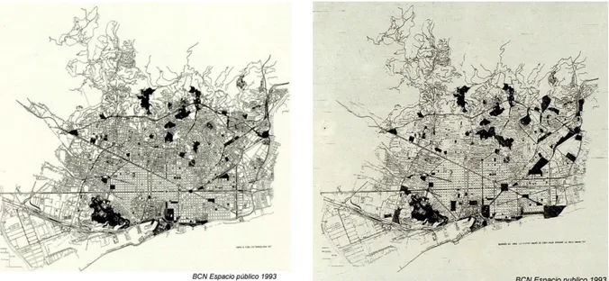 Figure 1 : Espaces publics jusqu'en 1992 (à gauche) et après les JO (à droite) 
