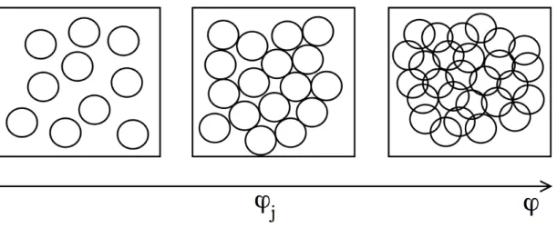 Figure 1.4: Schematic picture of the jamming transition. Upon increasing ϕ = πρσ 3 /6, the fraction