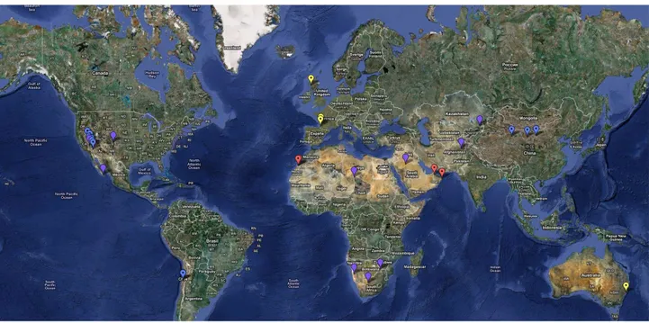 Fig. 2.15: Carte du monde avec marqu´e les emplacement des dunes. En rouge : dunes visit´ees depuis 2007 par l’auteur de cette th`ese