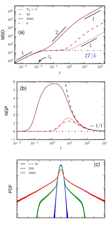 Figure 3.2 – Statistics of tracer displacement in the active cage model.