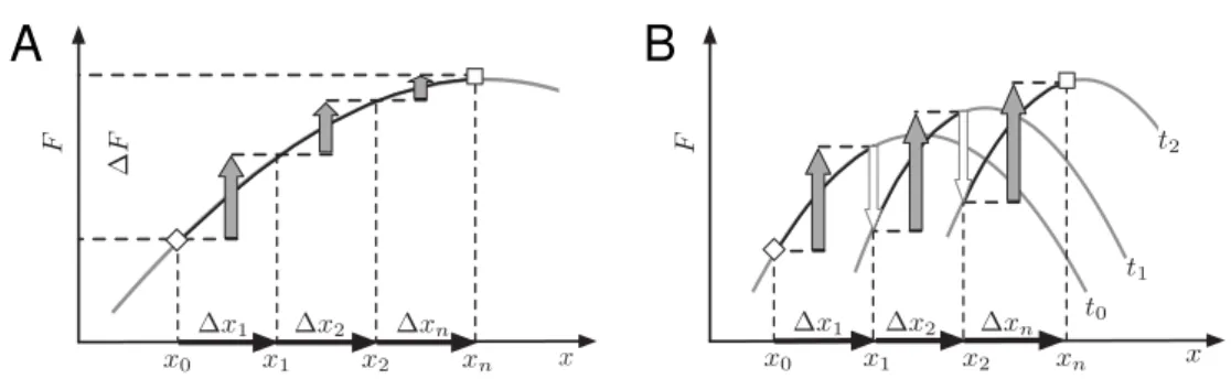 Figure 2 – Evolution in fitness landscapes and seascapes The evolutionary his- his-tory of a population is described by a series of type frequency states