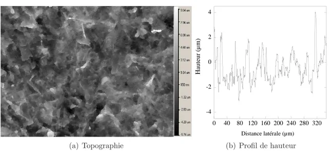 Fig. 1.4 – (a) Topographie de surface du PDMS, sur un rectangle de 356.1 µm×268.7 µm, obtenue par profilom´etrie optique interf´erentielle