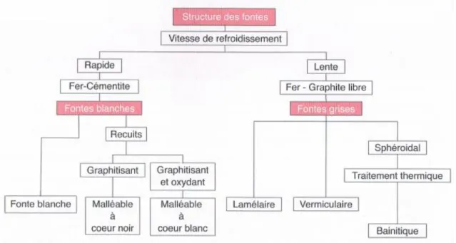 Fig. 31 Synoptique décrivant les diverses possibilités de structures des fontes [5] 