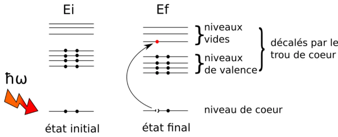 Fig. 1.4  Mécanisme d'absorption des rayons X pour une énergie voisine d'un seuil. Un photon incident est absorbé par un électron de c÷ur et excite celui-ci vers un état auparavant vide
