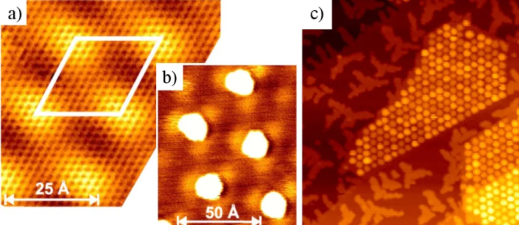 Figure 1.9 – (a) Image STM montrant la cellule unitaire du moiré de graphène déposé
