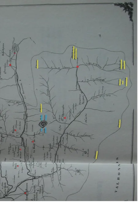 Figure 1En jaune les principaux glaciers, qui nous le voyons, sont à proximité de certains villages