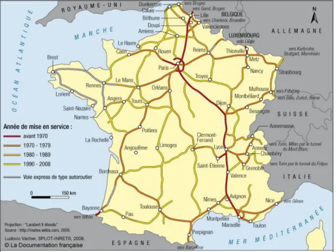 Figure 8 : Evolution du réseau autoroutier français [Documentation française, 2008] 