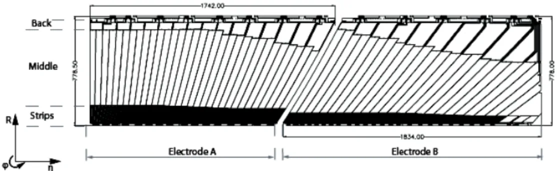 Figure 2.8 – Schéma en coupe dans le plan (R−η) d’une électrode du calorimètre tonneau