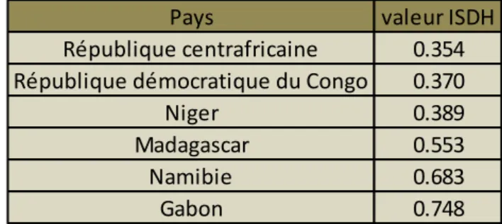 Tableau 2 : Valeurs ISDH de quelques pays d’Afriques subsaharienne pour l’année 2007 