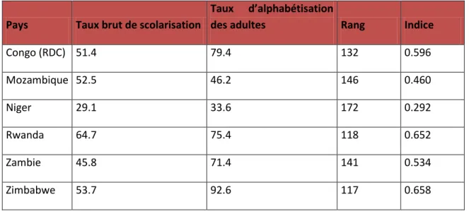 Tableau 1 : Index de l’éducation pour quelques pays d’Afrique subsaharienne en 2010 