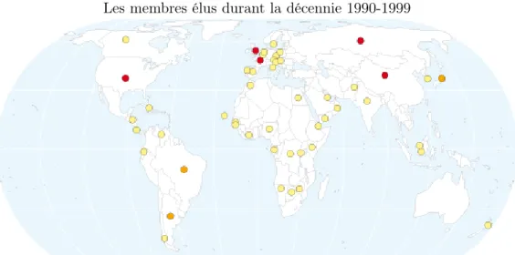 Figure 2.3 – Les membres élus au Conseil de sécurité entre 1990 et 2009 Les membres élus durant la décennie 1990-1999