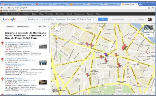 Figure 1.3 : Extrait de Google Maps, recherche effectuée sur les librairies à proximité d'une adresse  (Source : https://maps.google.com/ )