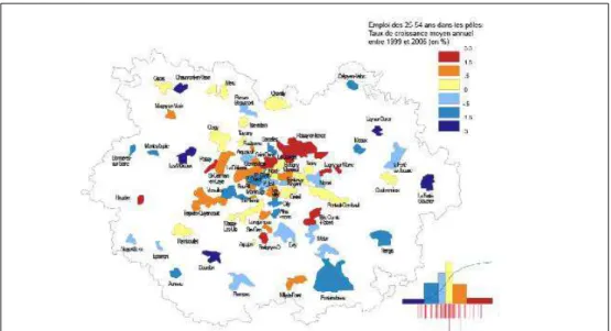 Figure 2.5 : Evolution 1999-2006 de l'emploi des 25-54 ans dans les pôles multi-communaux de 1999  (source : Berroir, Le Néchet, Mathian et alii, 2011)