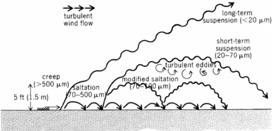 Tableau I.1 Vitesse de vent seuils de soulèvement de la poussière pour differents environnements  désertiques (The COMET Program et Nasa) 