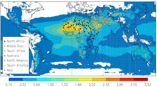 Fig. II.4: La localisation de 131 ‘hot spots’ à partir de la moyenne sur 1984-1990 de l’Aérosol Index (AI) issu des  observations spatiales de TOMS (Engelstaedter et Washington, 2010)