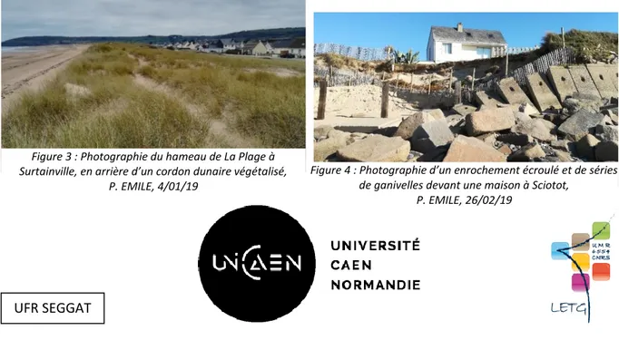 Figure 1 : Photographie de maisons en bordure du littoral à  Quinéville, protégées par un enrochement, P