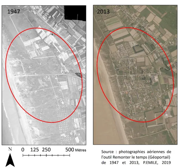 Figure 21 : Photographies montrant l'évolution de l'urbanisation à proximité du littoral à Surtainville, images Géoportail,  P
