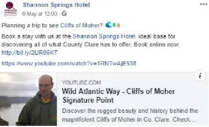 Figure 7 : Partage d’une vidéo explicative sur l’histoire des Falaises de Moher (Facebook « Shannon Springs Hotel ») 