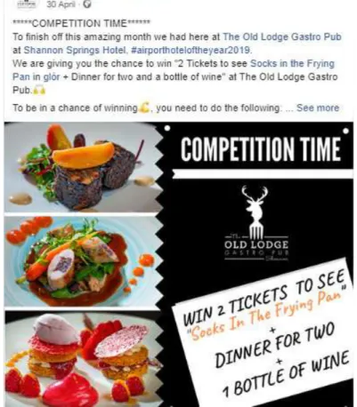 Figure 10 : Publication Facebook sur la page « The Old Lodge Gastro Pub” pour lancer une compétition en ligne 