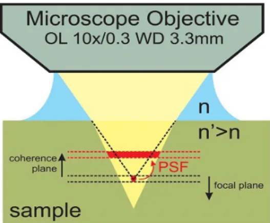 figure II.4: focal and coherence plane mismatch   with   depth   penetration   inside   a   sample