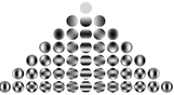 Fig. 2.2 – Représentation d’une sphère déformée par les harmoniques sphériques pour ℓ allant de 0 à 6 et m allant de −6 à 6.