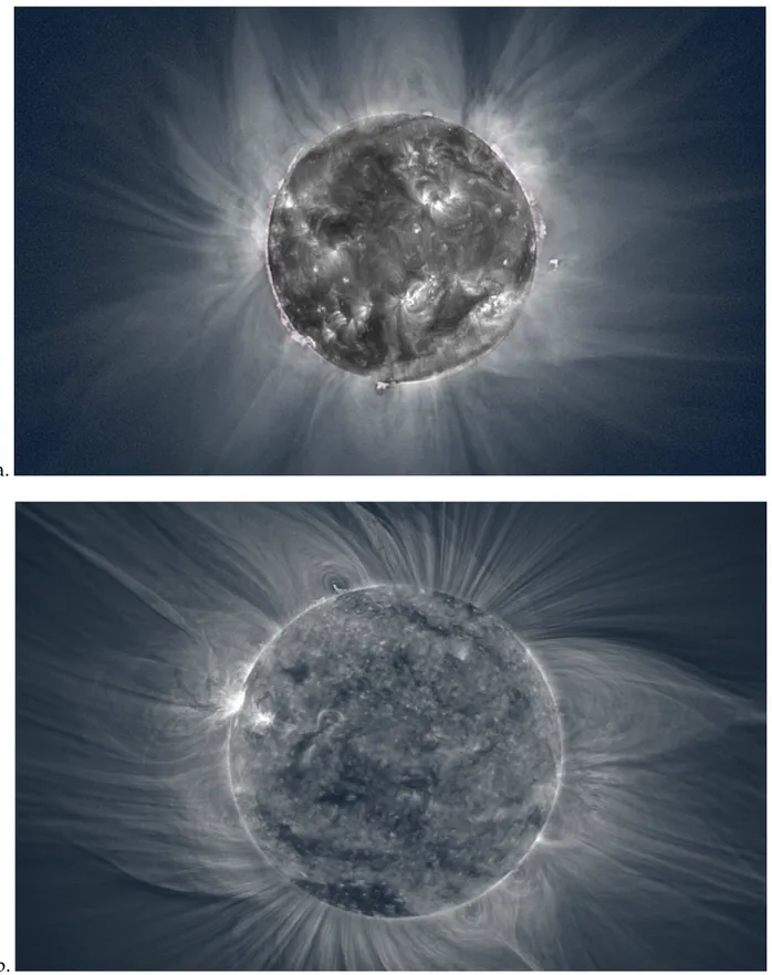 Figure 1.1 – Images composites de la couronne solaire observée le 11 août 1999 proche du maximum d’activité (figure du haut a) puis le 29 mars 2006 en période de minimum (figure du bas b) à 19.5 nm par l’instrument EIT à bord de la sonde la sonde SOHO (crédits :ESA/NASA) et dans le visible aux limbes lors d’une éclipse totale (crédits :M.Druckmûller).