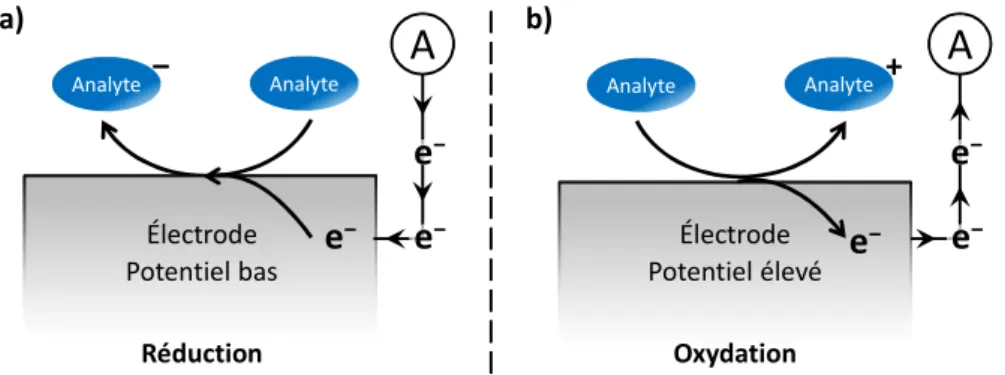 Figure 1.16 Principe de la détection électrochimique. a) Réduction de l’analyte b) oxydation de  l’analyte